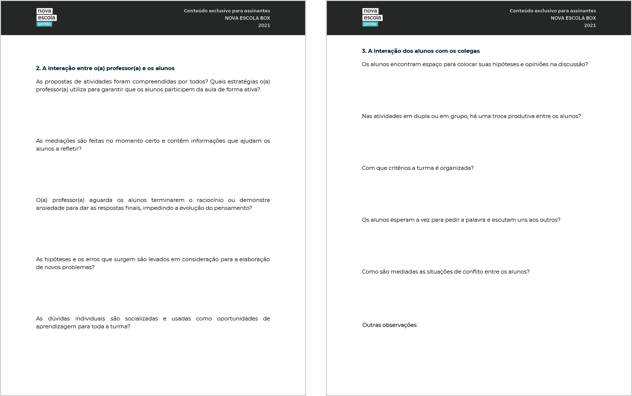 P&aacute;ginas 3 e 4 da pauta de observa&ccedil;&atilde;o de sala de aula.