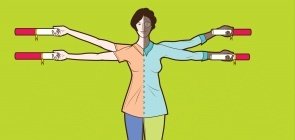 Ilustração de uma mulher que é metade branca e metade negra, ela segura um diploma em cada mão