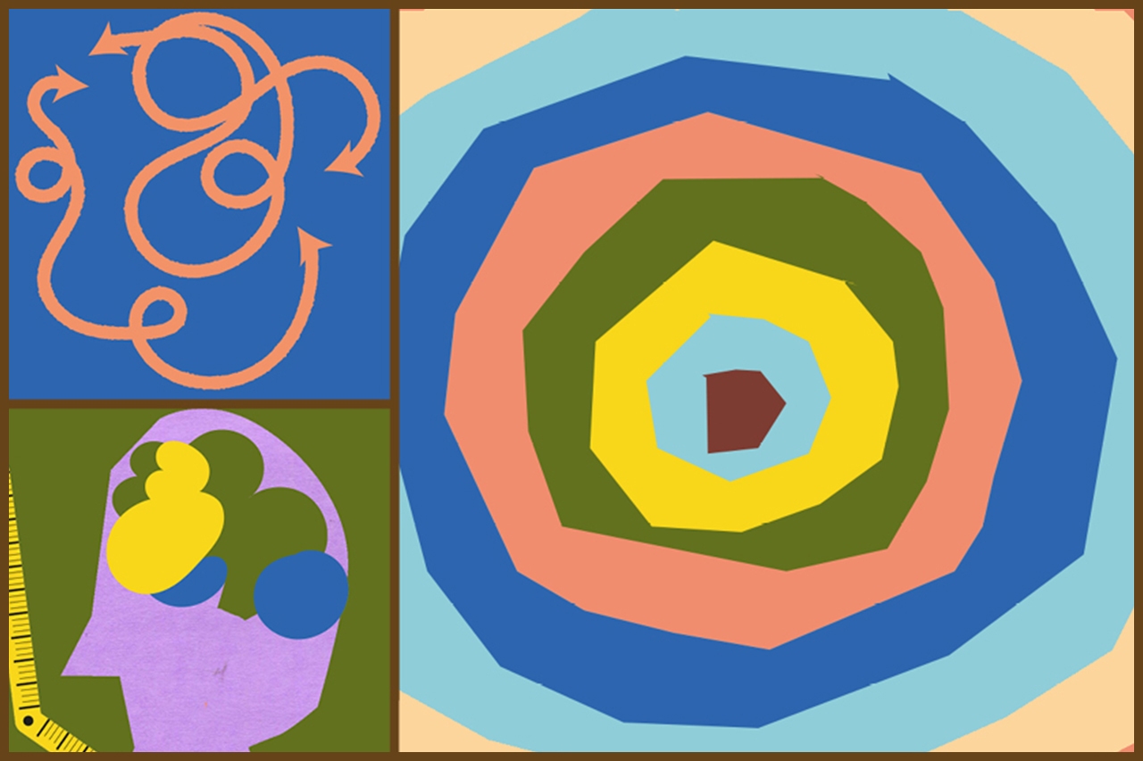 Mosaico com ilustra&ccedil;&otilde;es abstratas que remetem ao pensamento.