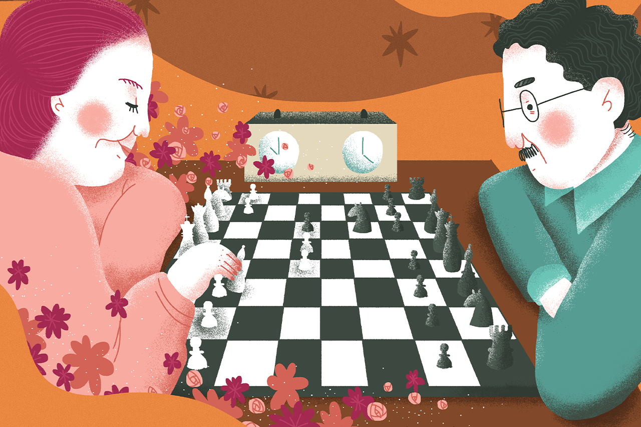 Ilustra&ccedil;&atilde;o de enxadristas (uma mulher e um homem) simulando a partida entre Judit Polg&aacute;r e Garry Kasparov, em 2002.