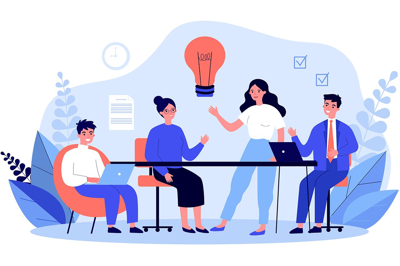 Ilustra&ccedil;&atilde;o de professores e gestores sentados ao redor de uma mesa discutindo ideias.