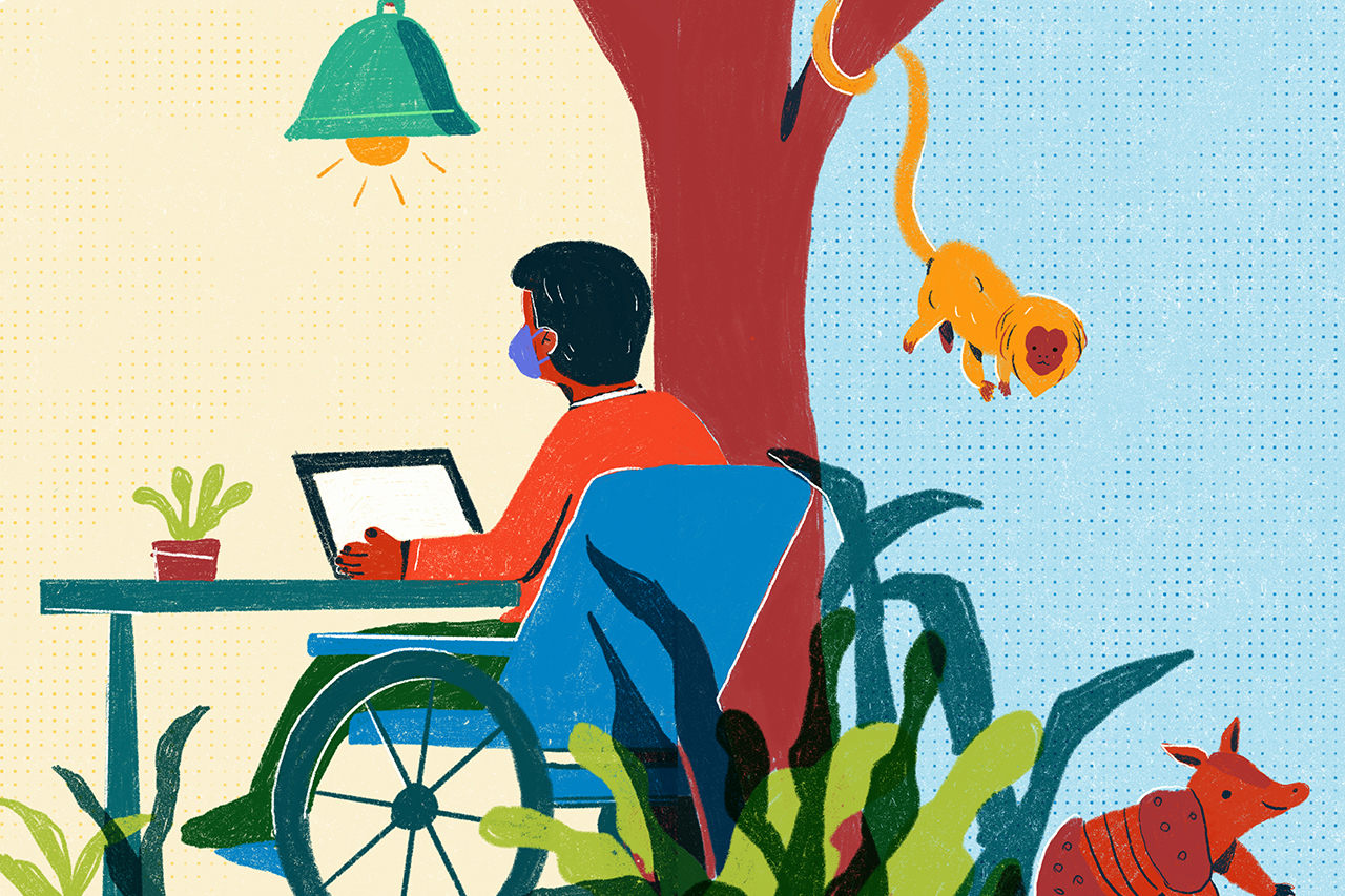 Ilustra&ccedil;&atilde;o de professor cadeirante em v&iacute;deo aula sobre meio ambiente.