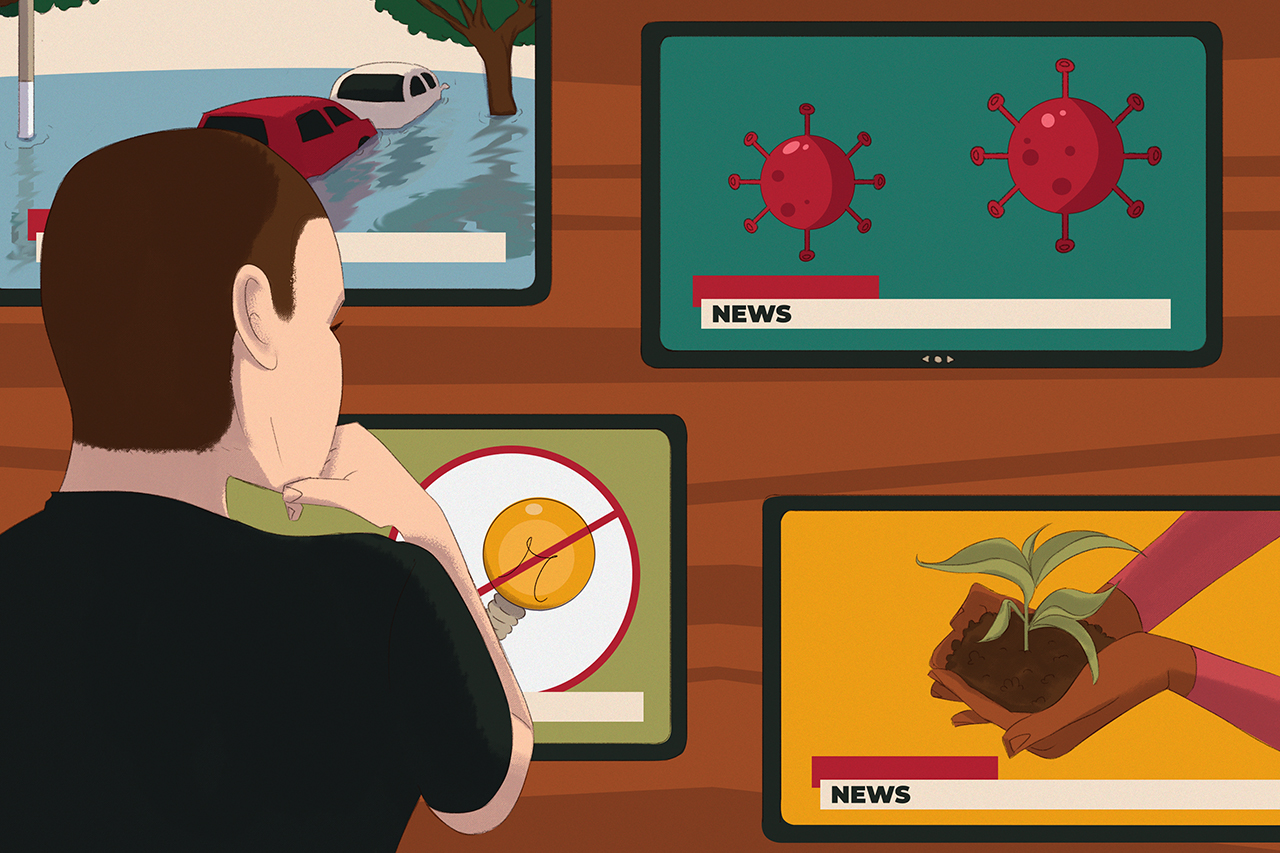 Ilustra&ccedil;&atilde;o de aluno olhando para televis&otilde;es com not&iacute;cias sobre a regi&atilde;o norte.