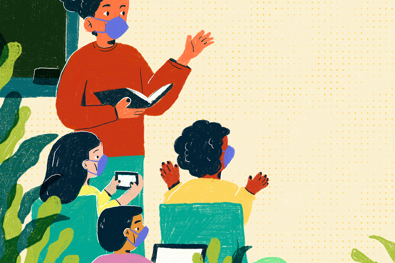 Ilustra&ccedil;&atilde;o de aluno e professores na sala de aula conversando sobre meio ambiente.