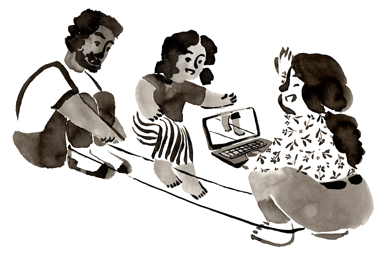 Ilustra&ccedil;&atilde;o feita a partir de t&eacute;cnica de caligrafia tradicional chinesa/japonesa mostrando uma crian&ccedil;a brincando com a fam&iacute;lia.