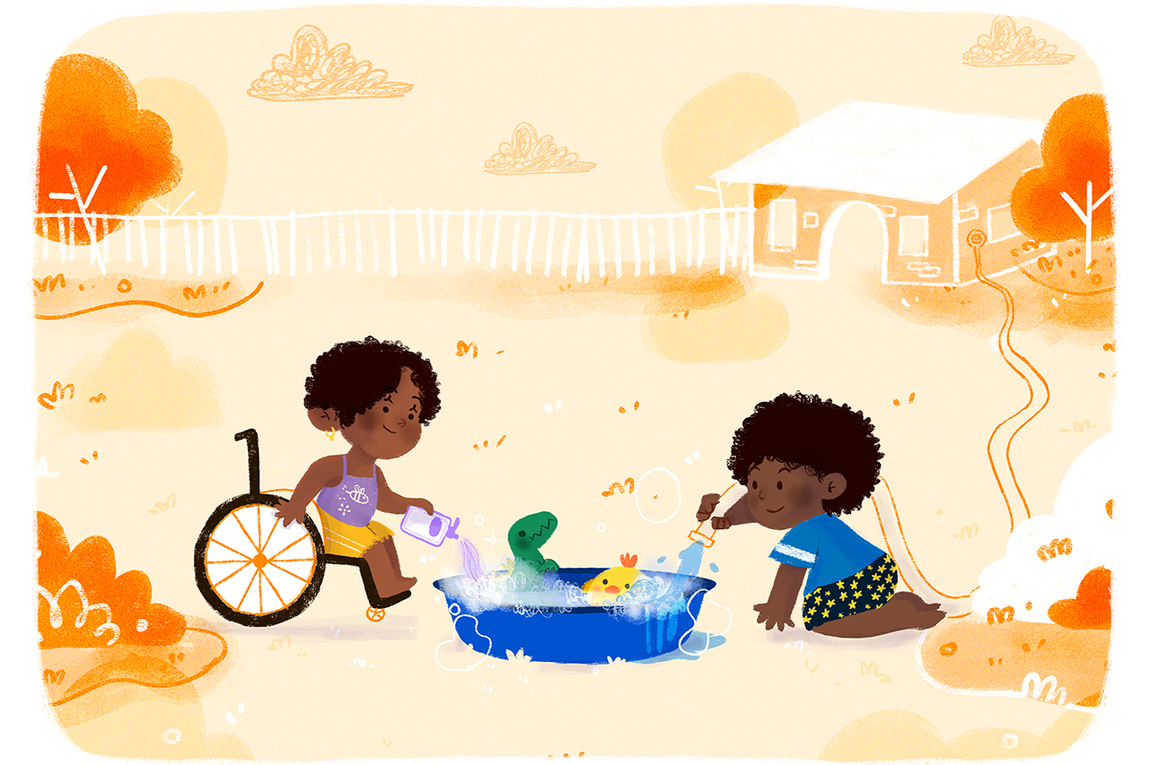 Ilustra&ccedil;&atilde;o de crian&ccedil;as brincando de higienizar os brinquedos em bacia.