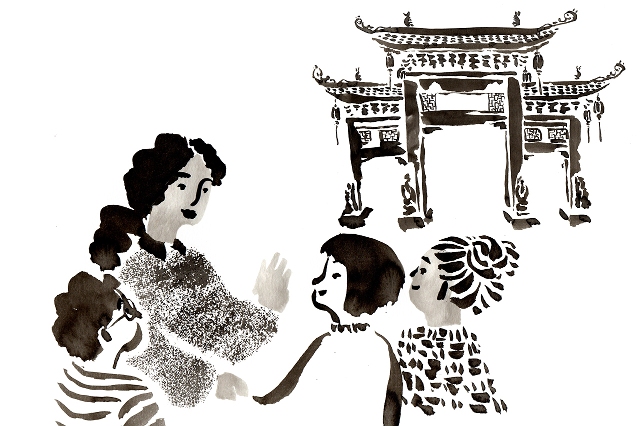 Ilustra&ccedil;&atilde;o em t&eacute;cnica tradicional chinesa/japonesa de caligrafia mostrando uma professora conversando com seus alunos em frente a um templo.