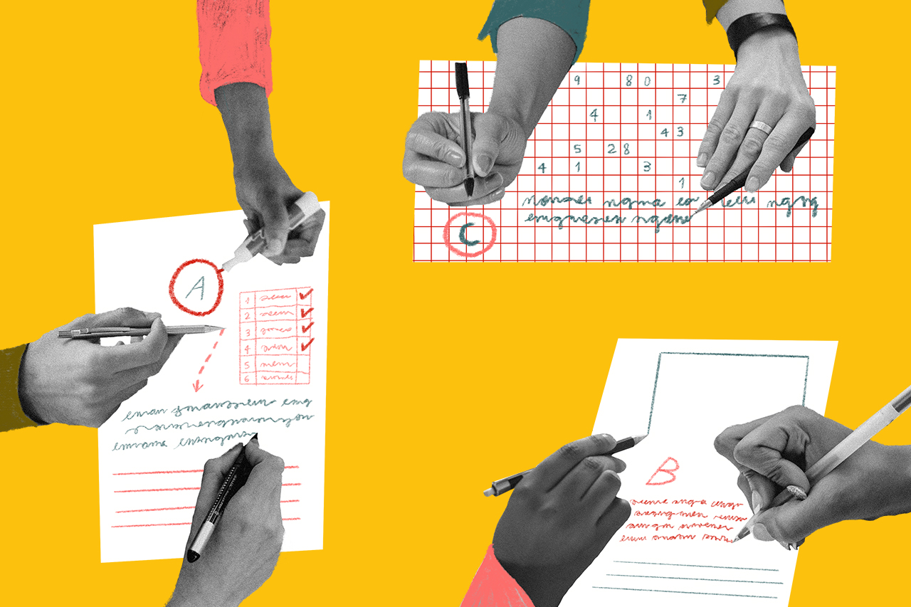 Ilustra&ccedil;&atilde;o feita a partir de colagens digitais de m&atilde;os anotando em planners e planilhas.