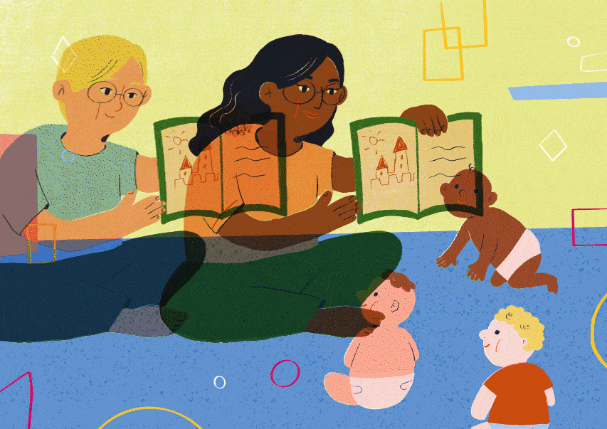 Anima&ccedil;&atilde;o de professores da Educa&ccedil;&atilde;o Infantil, lendo livros com as crian&ccedil;as com a tem&aacute;tica de igualdade de g&ecirc;nero.