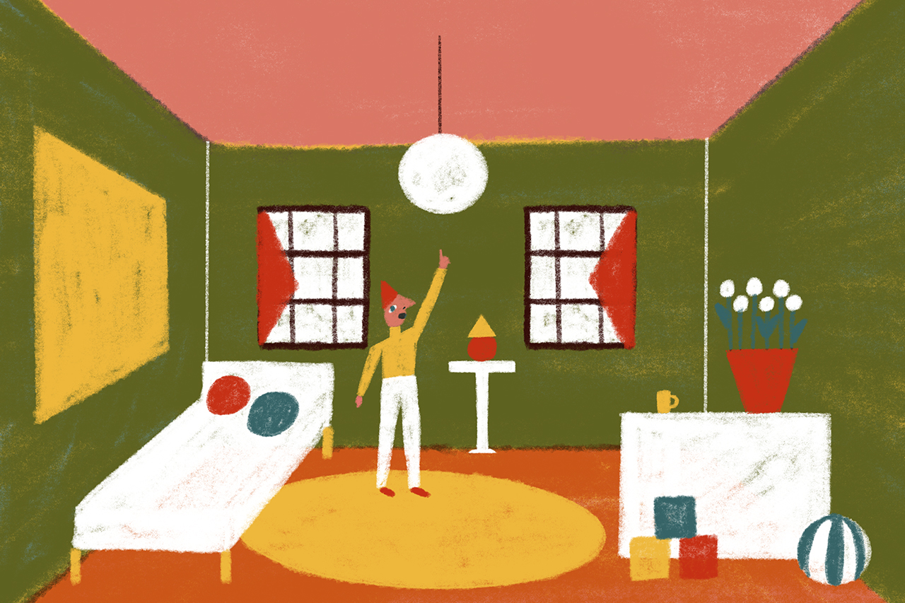 Ilustra&ccedil;&atilde;o de crian&ccedil;a dentro do seu quarto apontando para os espa&ccedil;os e observando a dimens&atilde;o dos objetos.