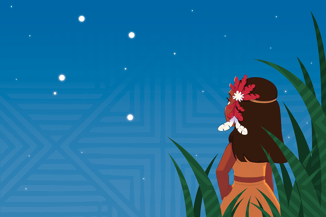 Ilustra&ccedil;&atilde;o de garota ind&iacute;gena observa&ccedil;&atilde;o a constela&ccedil;&atilde;o de curuxu (cruzeiro do sul) no c&eacute;u estrelado.