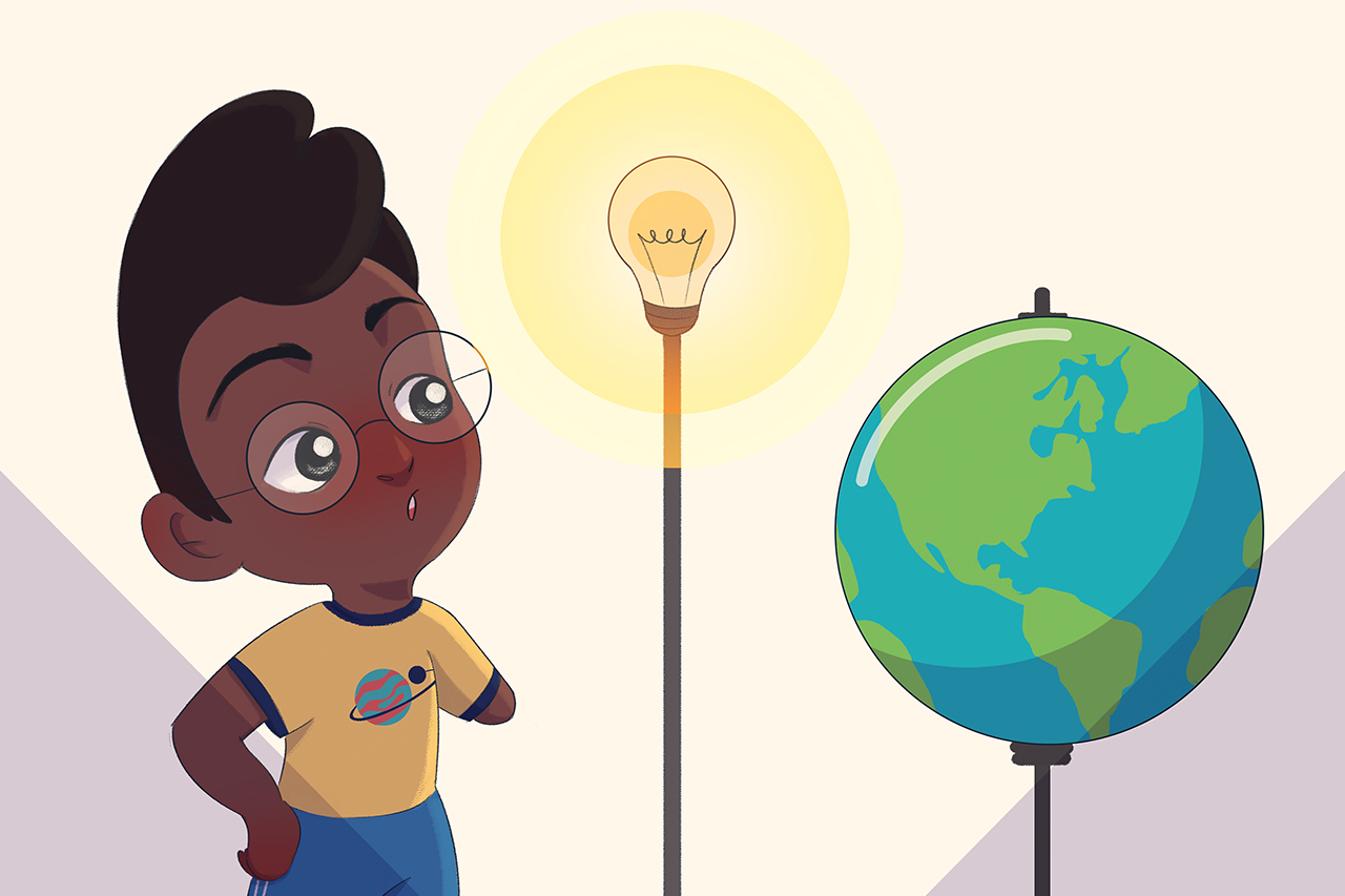 Ilustra&ccedil;&atilde;o de aluno fazendo experimento com l&acirc;mpada para simular o sol e um globo terrestre para entender como o dia e a noite funcionam.