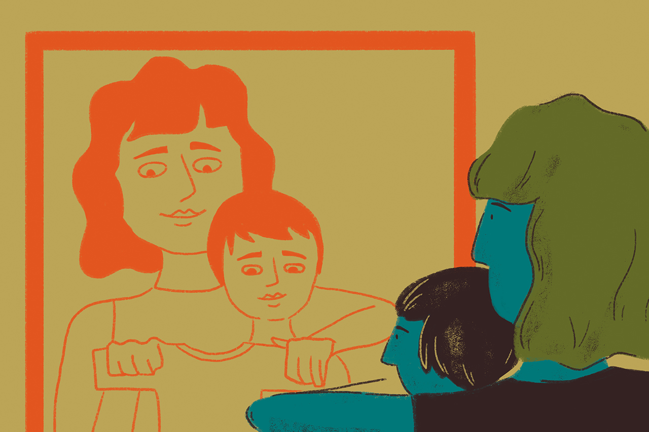  Ilustra&ccedil;&atilde;o de m&atilde;e acompanhando atividade de filho pequeno em frente ao espelho. Atividade relacionada a troca de roupas.