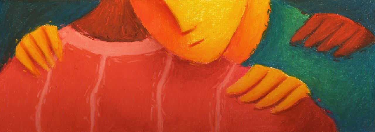 Ilustra&ccedil;&atilde;o em tons de vermelho e laranja mostra duas pessoas se abra&ccedil;ando