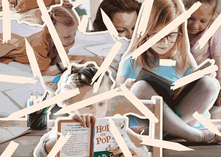 Anima&ccedil;&atilde;o produzida a partid de fotomontagem de l&aacute;pis quebrados sobre fundo fotogr&aacute;fico de pessoas em ambientes de aula remotos.