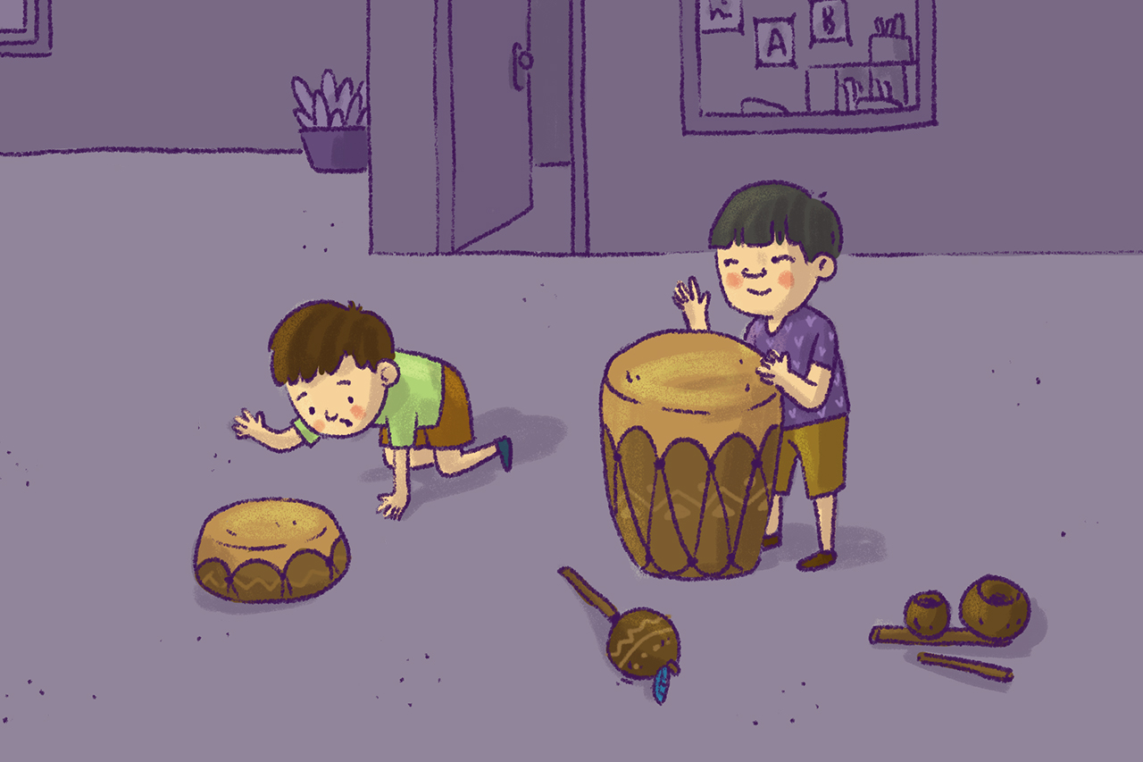 Ilustra&ccedil;&atilde;o de crian&ccedil;as tocando instrumentos de percuss&atilde;o ind&iacute;genas.