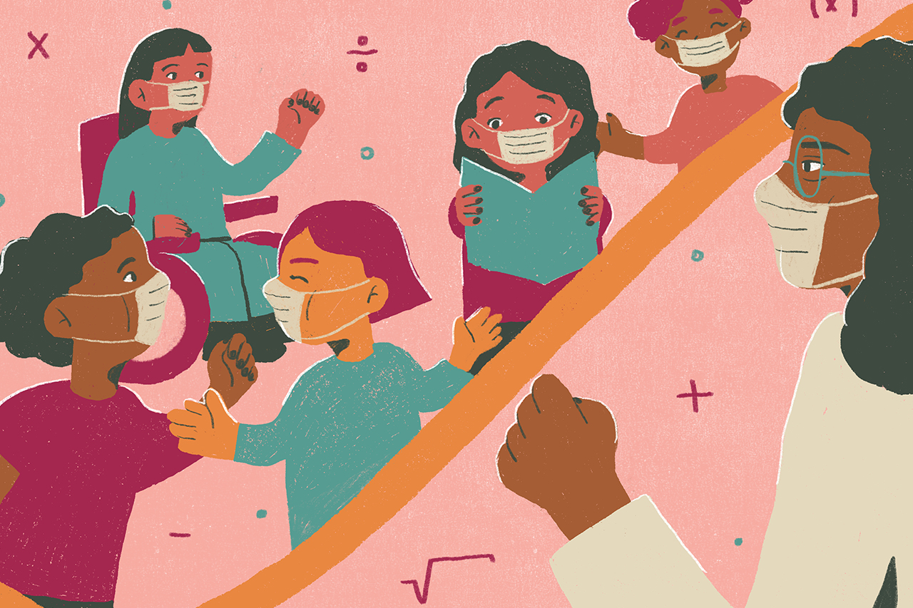 Ilustra&ccedil;&atilde;o de professora e alunas conversando.
