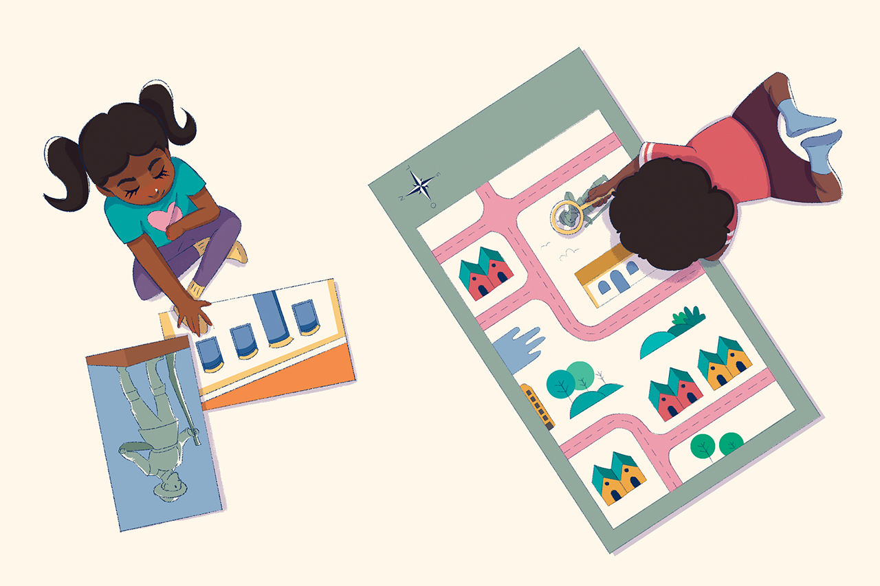 Ilustra&ccedil;&atilde;o de crian&ccedil;as sentadas no ch&atilde;o, olhando para mapas e fotografias de cidades hist&oacute;ricas de minas gerais.