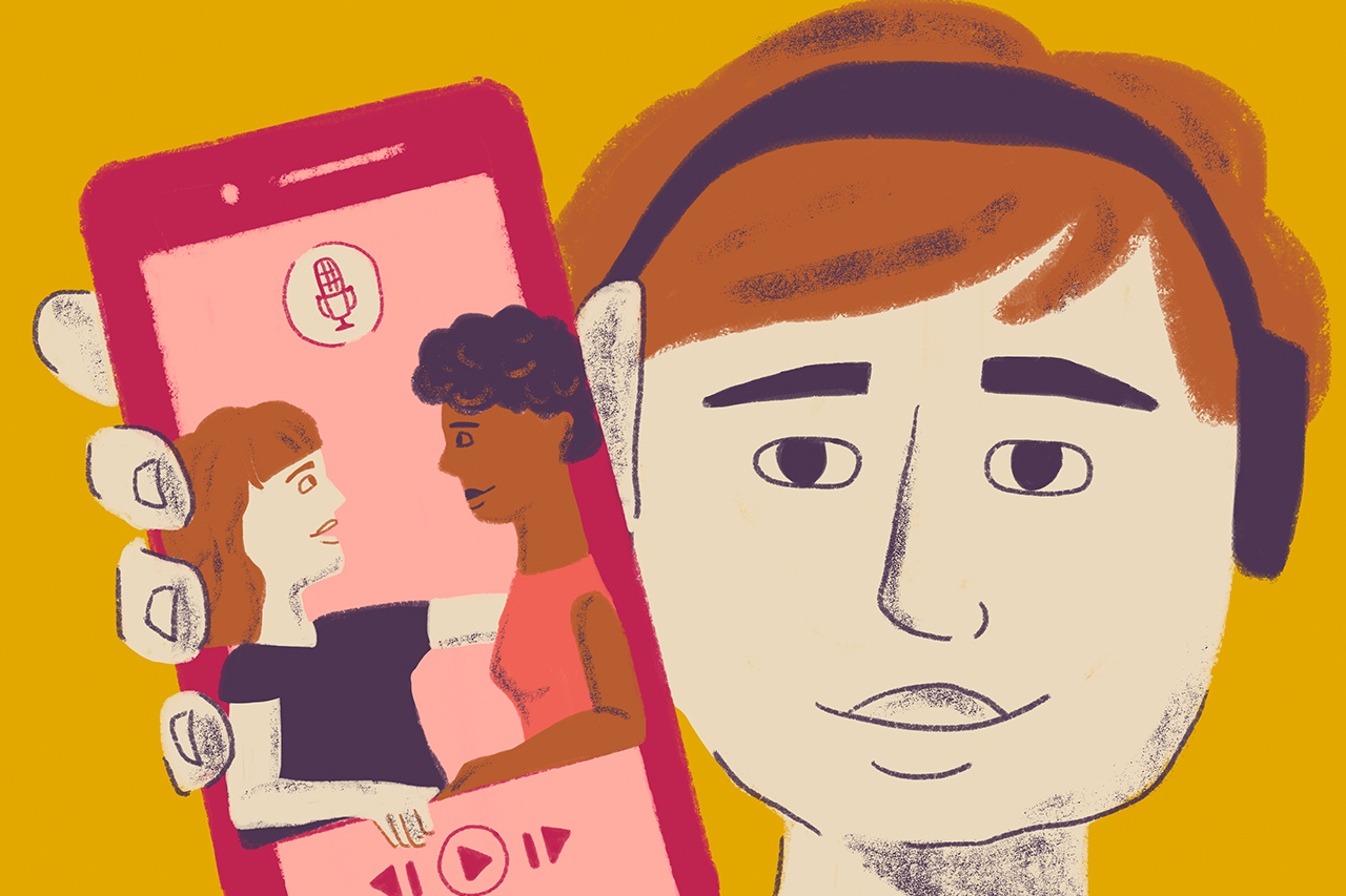 Ilustra&ccedil;&atilde;o de menino com celular nas m&atilde;os e fones de ouvido.