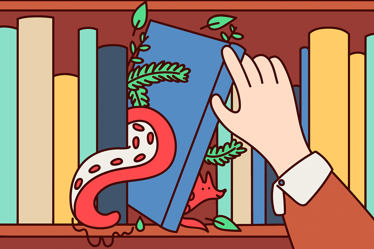 Ilustra&ccedil;&atilde;o de m&atilde;o pegando livros na prateleira. Personagens das hist&oacute;rias est&atilde;o saindo do livro e interagindo com o mundo ao redor.