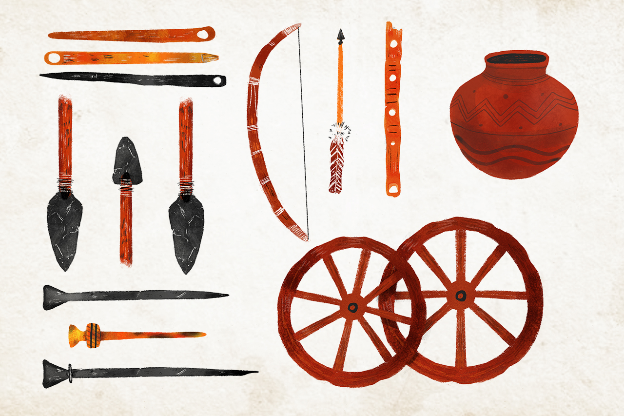 Ilustra&ccedil;&atilde;o de objetos de trabalho em &aacute;reas rurais.