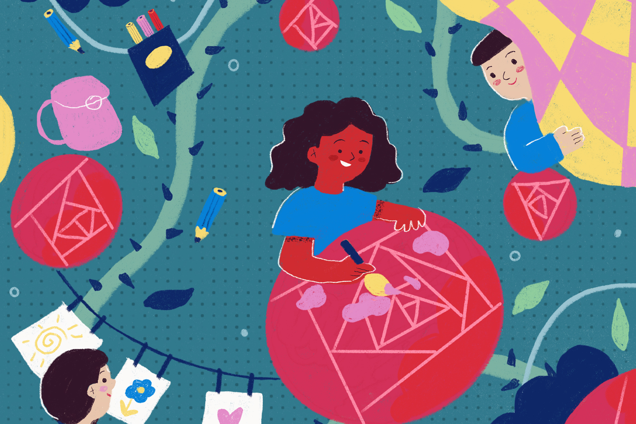 Ilustra&ccedil;&atilde;o de crian&ccedil;a pintando sobre uma mesa enquanto outras crian&ccedil;as observam.