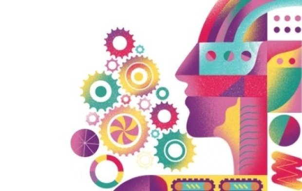 Ilustração de uma pessoa de lada, por dentro se vê as engrenagens