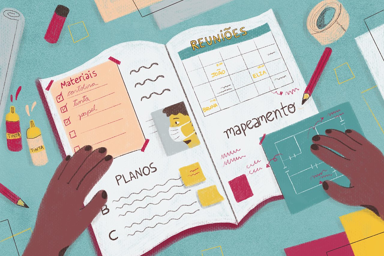 Ilustra&ccedil;&atilde;o de caderno sobre a mesa apresentando um plano de conting&ecirc;ncia para 2021