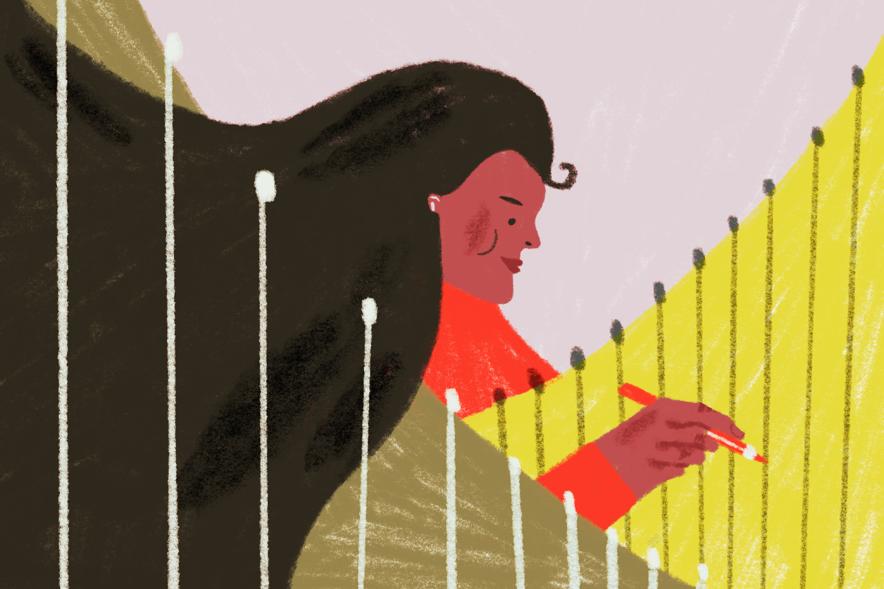 Ilustra&ccedil;&atilde;o abstrata de professora se mesclando com gr&aacute;ficos de linha.