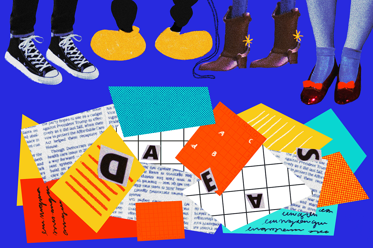 Ilustra&ccedil;&atilde;o abstrata de p&eacute;s de personagens sobre folhas de papel.