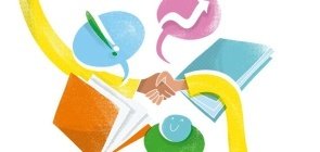 Ilustração com duas mãos fazendo um aperto de mãos, ao redor cadernos e balões de conversa