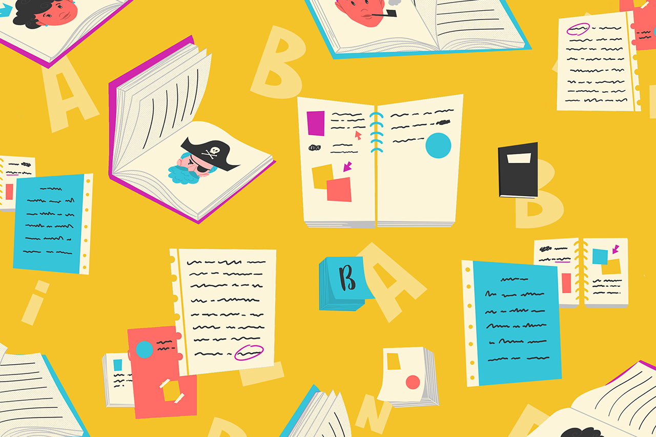 Ilustra&ccedil;&atilde;o abstrata de livros e folhas flutuando. Nas p&aacute;ginas &eacute; poss&iacute;vel ver personagens da literatura.