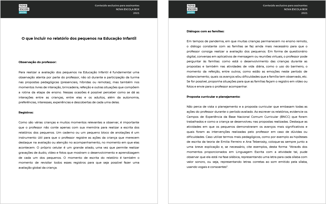 Páginas 1 e 2 do documento: o que incluir no relatório dos pequenos na educação infantil.