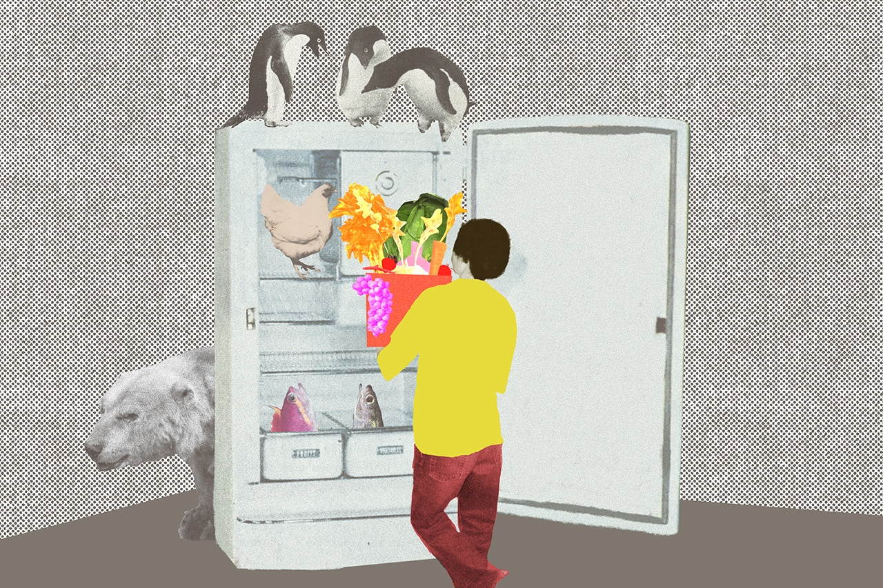 Ilustra&ccedil;&atilde;o abstrata de personagem abrindo a janela. Na cena &eacute; poss&iacute;vel ver animais como galinha, ursos e pinguins.