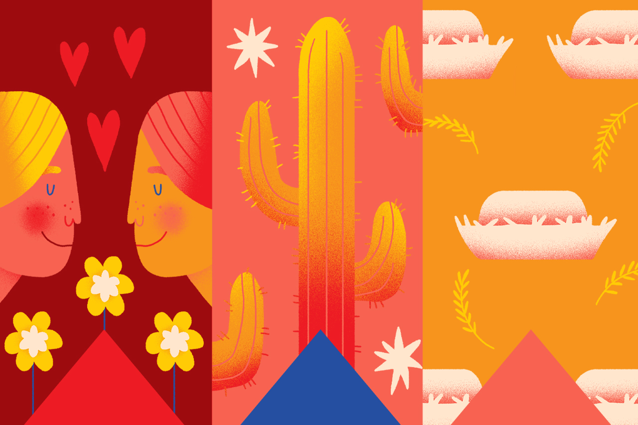 Ilustra&ccedil;&atilde;o de correio elegante, cactus e chap&eacute;u de palha. Elementos presentes nas festas juninas.