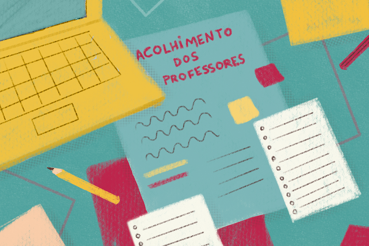 Ilustra&ccedil;&atilde;o de notebook e folhas de papel sobre a mesa mostrando um planejamento para o acolhimento dos professores