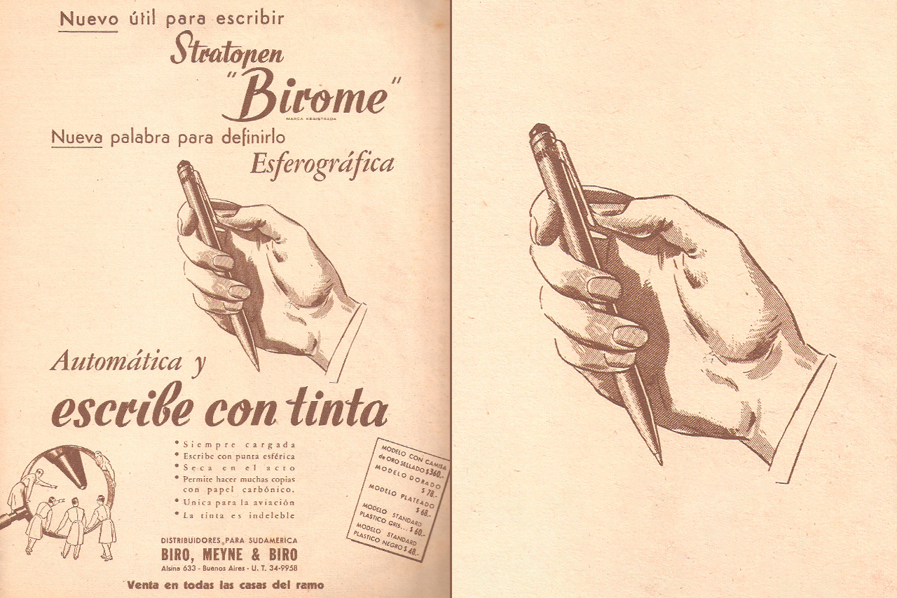 Propaganda comercial numa revista argentina de 1945, promovendo a primeira caneta esferogr&aacute;fica.
