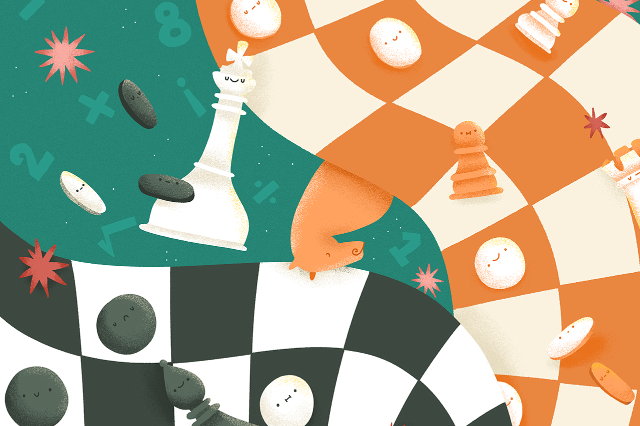 Ilustra&ccedil;&atilde;o abstrata de pe&ccedil;as e tabuleiros de xadrez e dama.