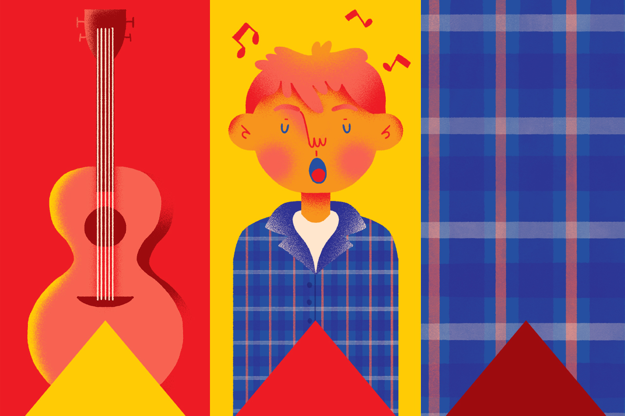 Ilustra&ccedil;&atilde;o de uma viola, de um caipira e de um tecido xadrez, objetos e personagens t&iacute;picos da cultura caipira e das festas juninas.