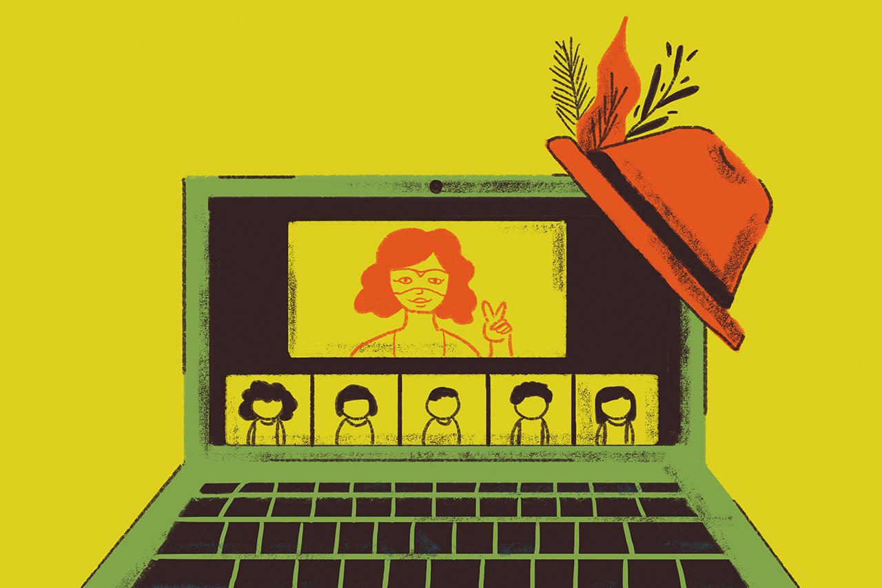 Ilustra&ccedil;&atilde;o de notebook com professora em tela e objetos de carnaval ao redor