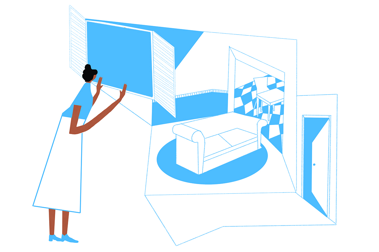 Ilustra&ccedil;&atilde;o abstrata de professora abrindo uma janela que d&aacute; de encontro para uma sala.