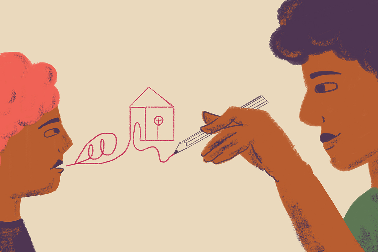 Ilustra&ccedil;&atilde;o de adulto desenhando em frente a uma crian&ccedil;a.