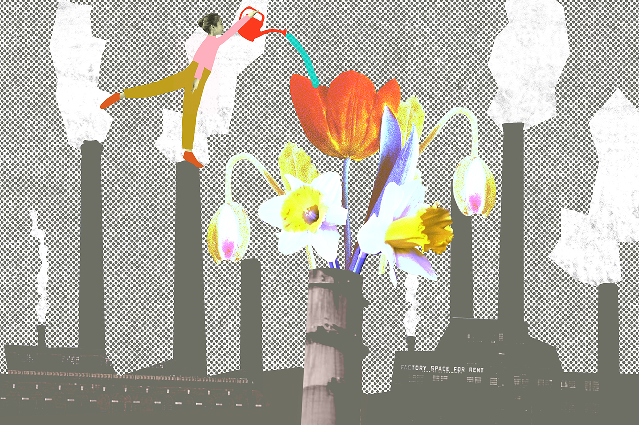 Ilustra&ccedil;&atilde;o abstrata de chamin&eacute;s de ind&uacute;strias soltando fuma&ccedil;a ao fundo com menina regando plantas na parte da frente.