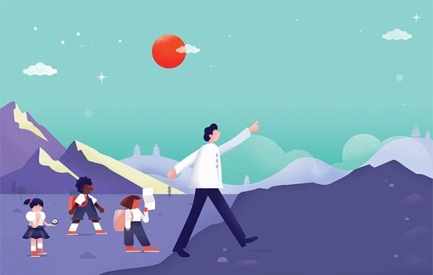 Ilustrações com figuras simples, observa-se um professor apontando para frente, atrás dele seguem três alunas