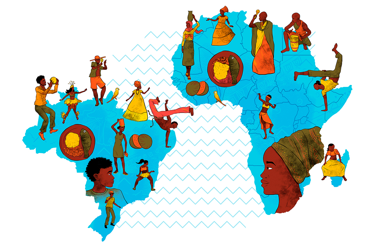 Ilustra&ccedil;&atilde;o abstrata dos mapas do Brasil e da &Aacute;frica, onde &eacute; poss&iacute;vel ver as diversas manifesta&ccedil;&otilde;es culturais dispostas ao longo dos territ&oacute;rios.