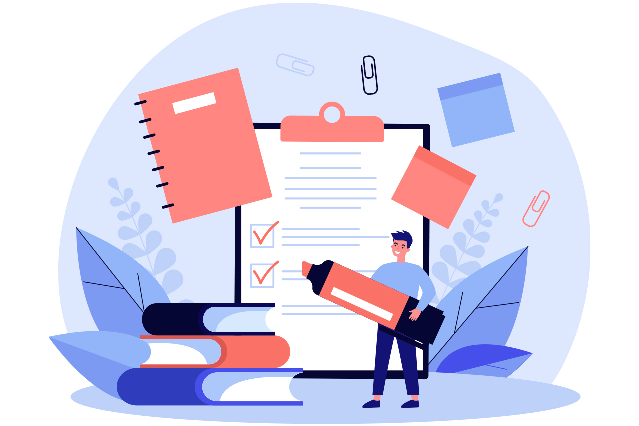 Ilustra&ccedil;&atilde;o abstrata de personagem fazendo anota&ccedil;&otilde;es com um canet&atilde;o sobre uma prancheta gigante.