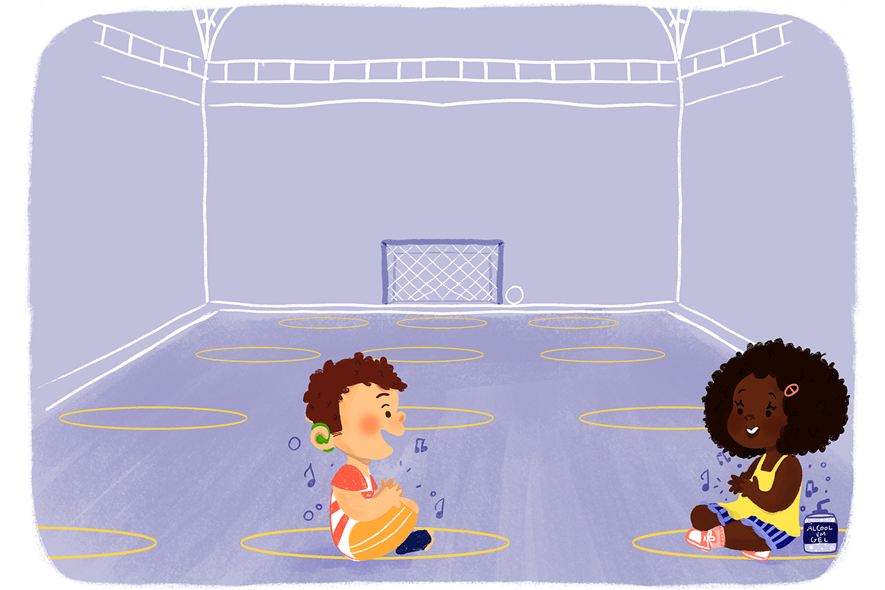 Ilustra&ccedil;&atilde;o de crian&ccedil;as sentadas em quadra conversando e higienizando as m&atilde;os com &aacute;lcool em gel.