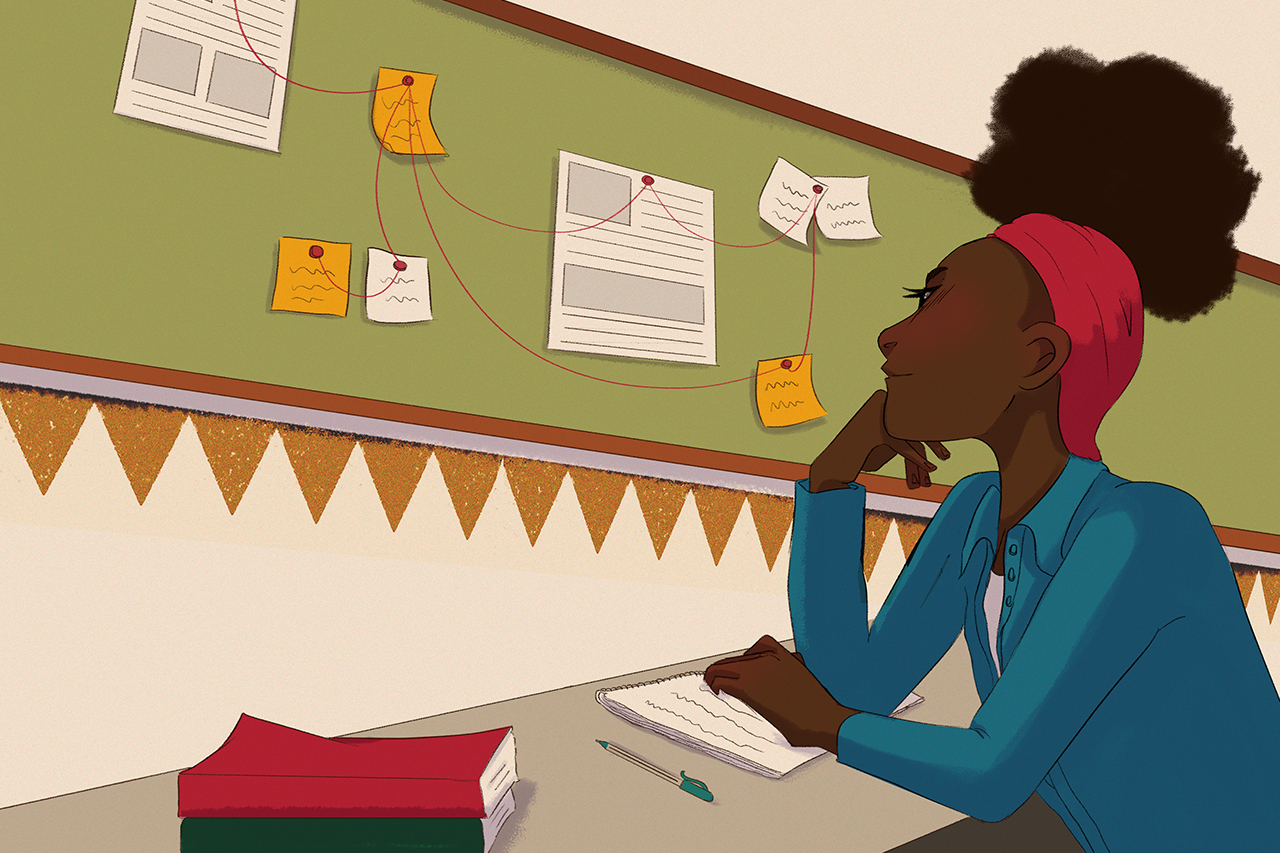 Ilustra&ccedil;&atilde;o de professora olhando para a lousa com anota&ccedil;&otilde;es e colagens nela.