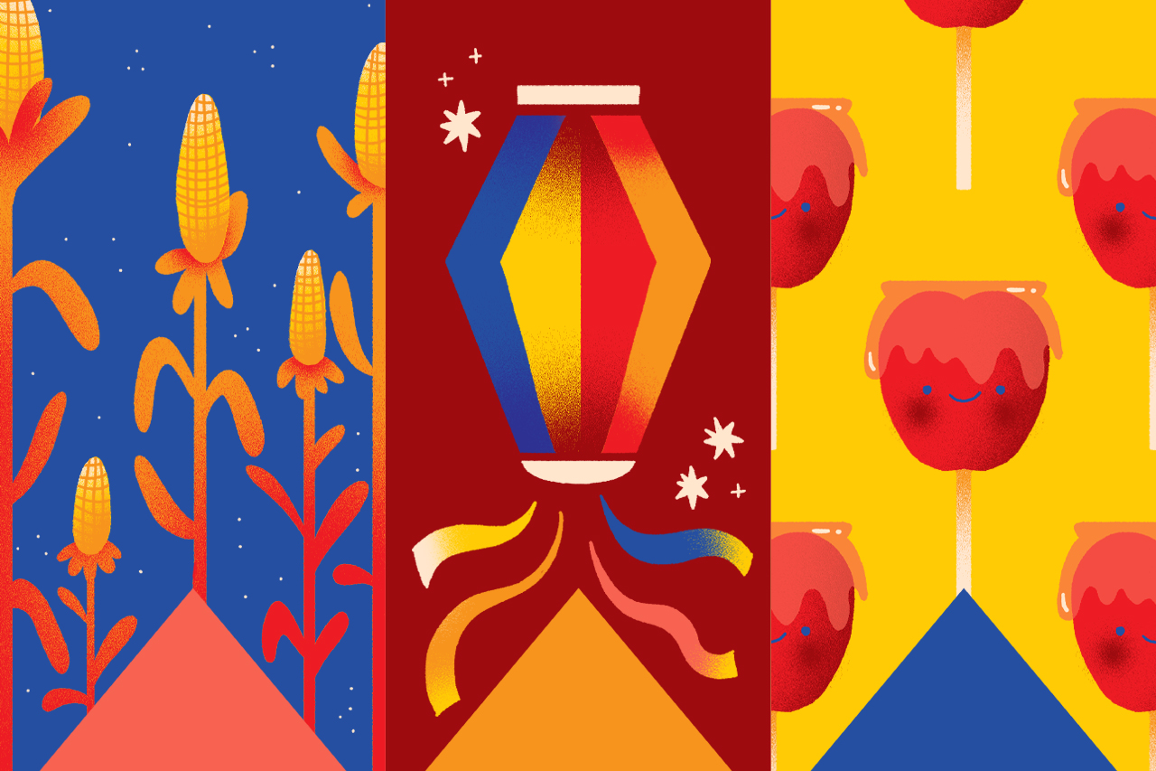 Ilustra&ccedil;&otilde;es de milho, bal&atilde;o e ma&ccedil;&atilde; caramelizadas, objetos e alimentos t&iacute;picos das festas juninas.