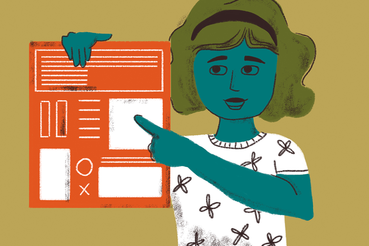 Ilustra&ccedil;&atilde;o de aluna apresentando um cartaz em semin&aacute;rio escolar.